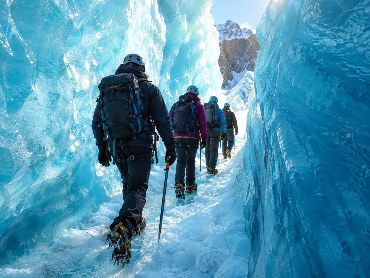 A guide leading a line of hikers through a narrow blue ice passage